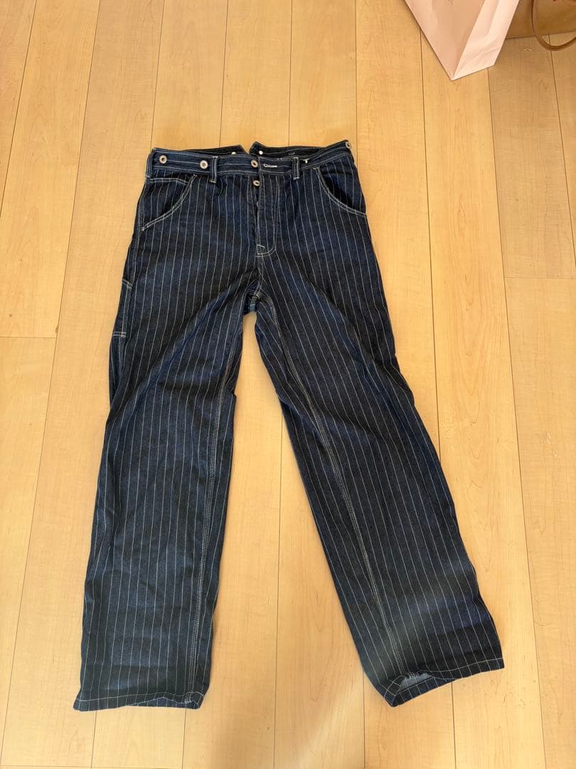 karakuストライプ柄 ワークパンツ サスペンダー付きウォバッシュ