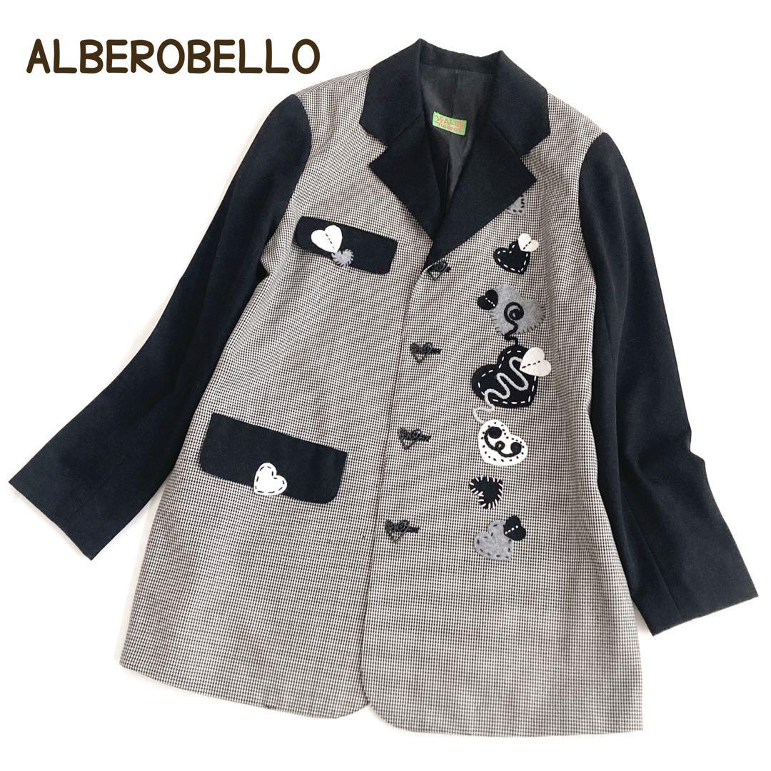 アルベロベロ テーラードジャケット 千鳥格子 刺繍 ハート アシンメトリー 黒