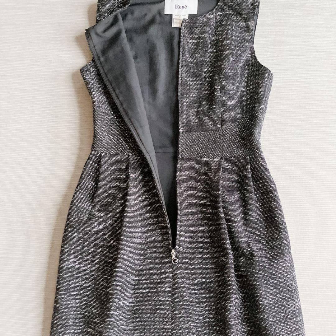 ＊極美品【ルネ】ツイード ワンピース フロントジップ ブラック 34 ビジュー