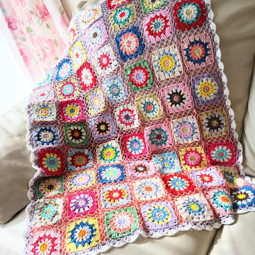 手編みブランケット★カラフル★グラニースクエア★コットン