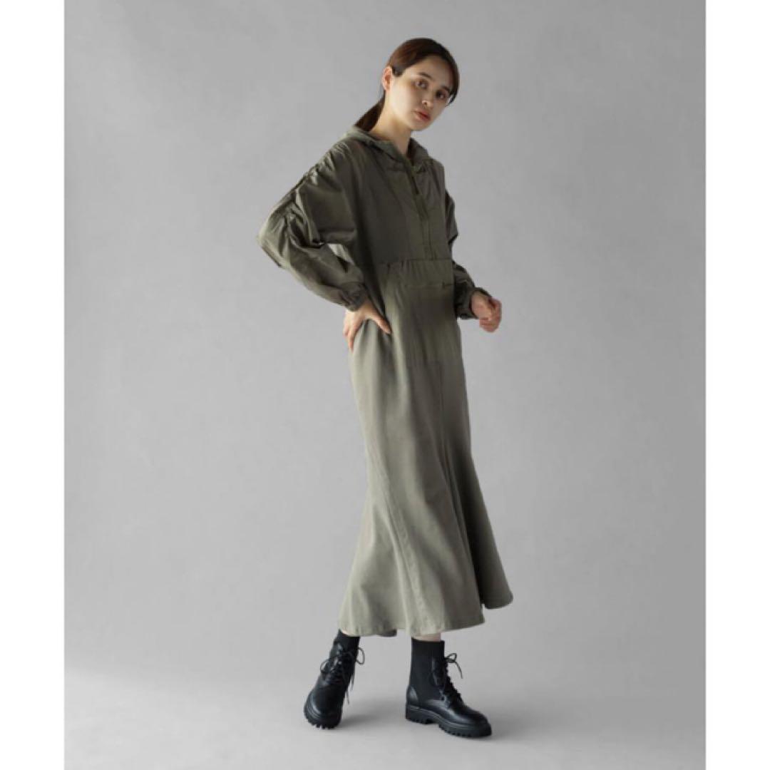 LASUD 異素材ギャザースリーブマーメイドワンピース　フード付き