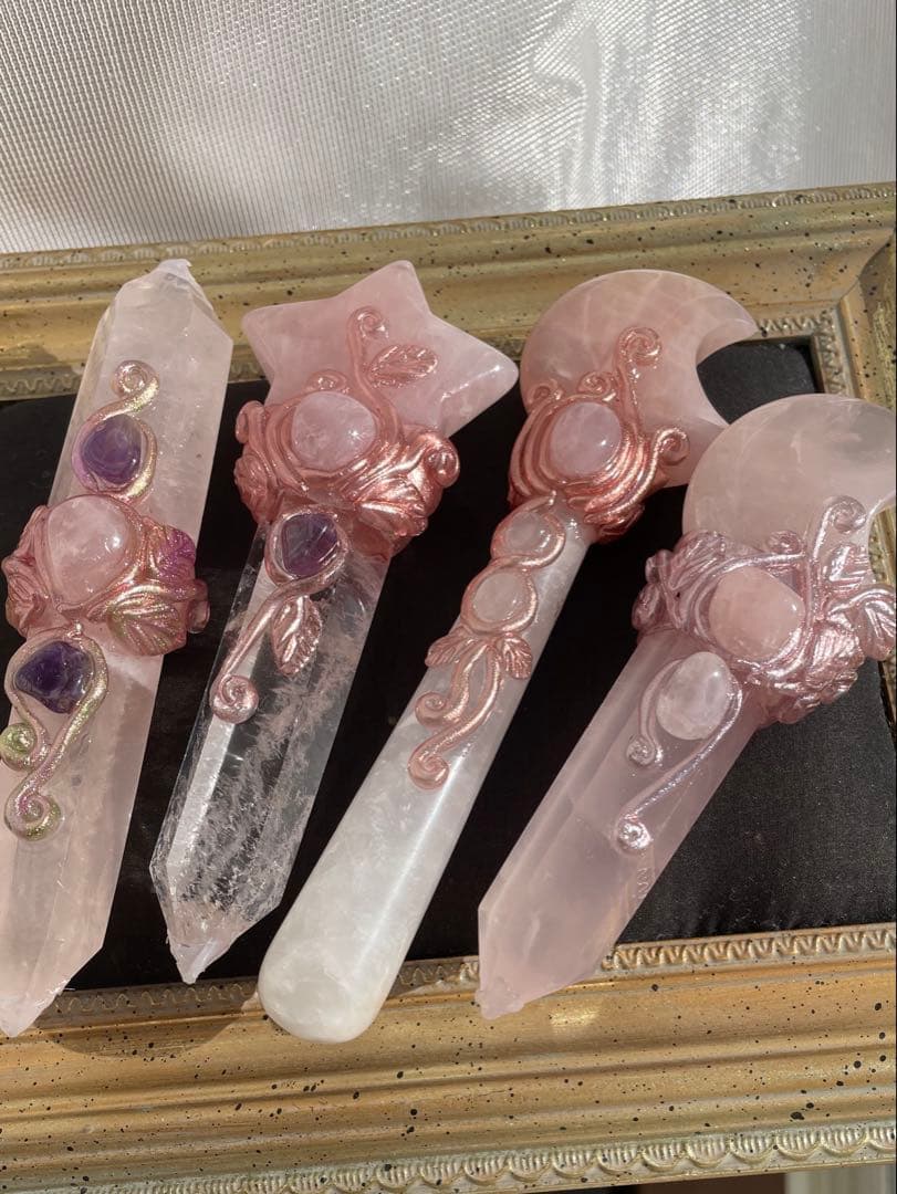 ローズクォーツ水晶アメジストの魔法のスティック　魔法棒魔法の杖4点セット天然石