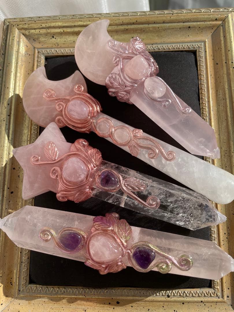 ローズクォーツ水晶アメジストの魔法のスティック　魔法棒魔法の杖4点セット天然石