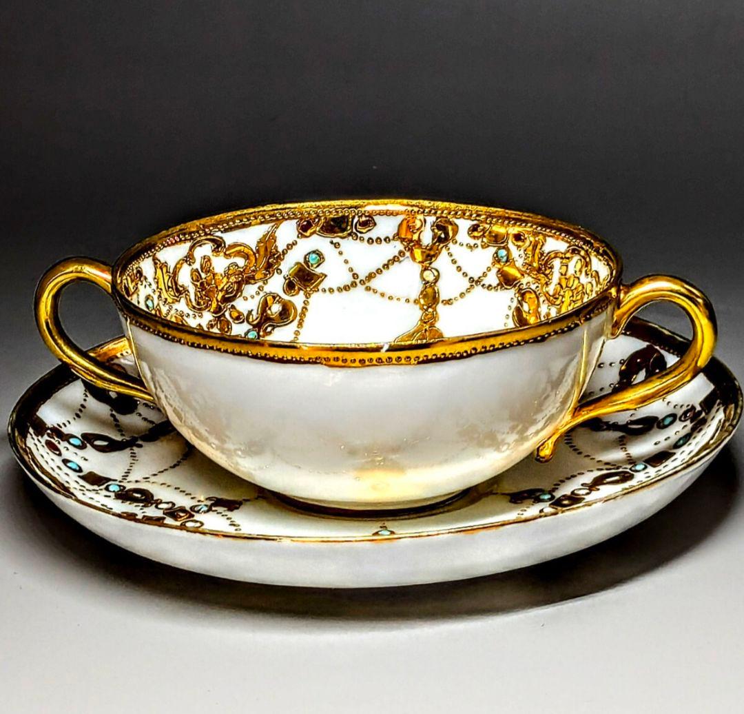 オールドノリタケ　　エナメルビジュー　金盛上　アールヌーボー　カップ＆ソーサー