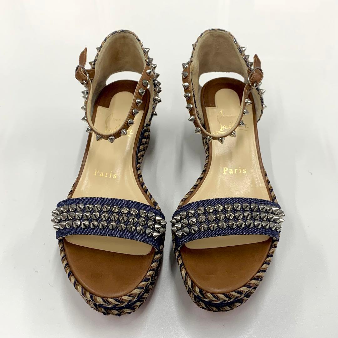 クリスチャンルブタン マドモニカ スパイク デニム サンダル ブラウン系