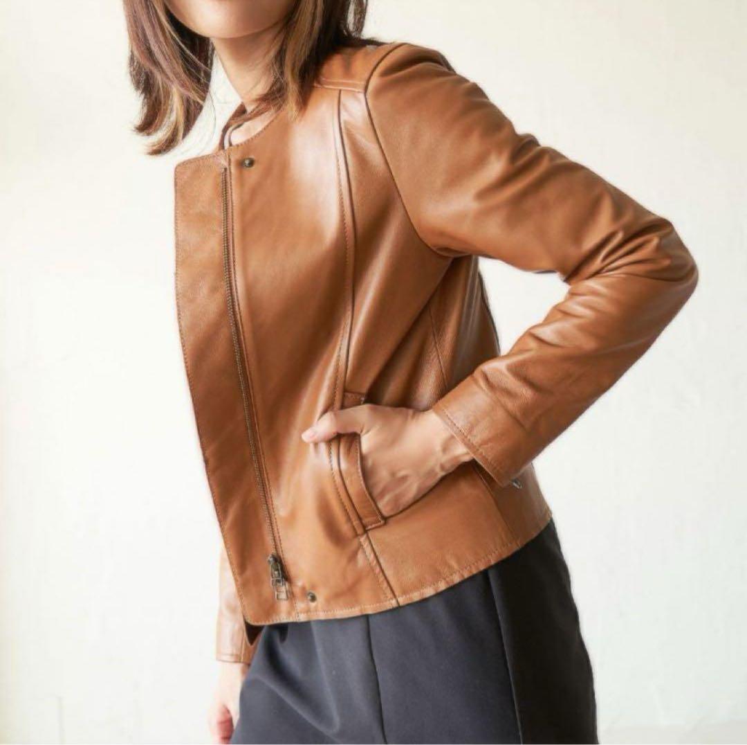 もりのがっこう ラムレザーノーカラージャケットブルゾン キャメル