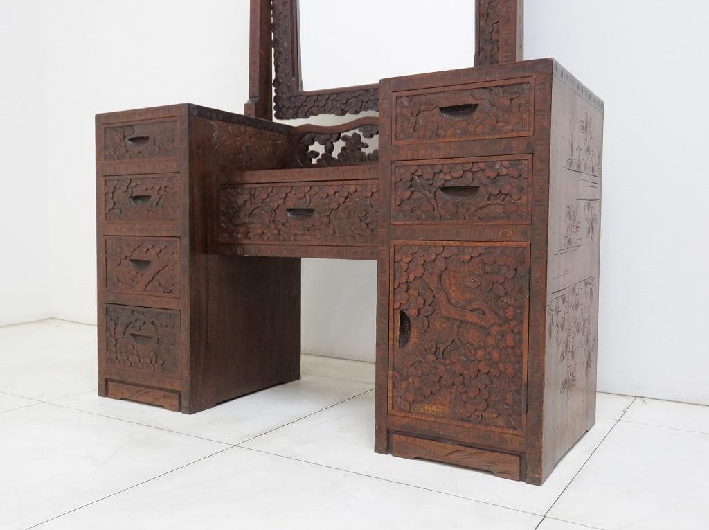 とこ 軽井沢彫 鏡台&スツール セット 桜 さくら彫刻 ドレッサー 化粧