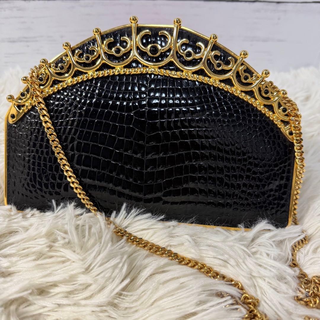 メードインイタリー クロコセンター取り クラッチバック ゴールドショルダーバック