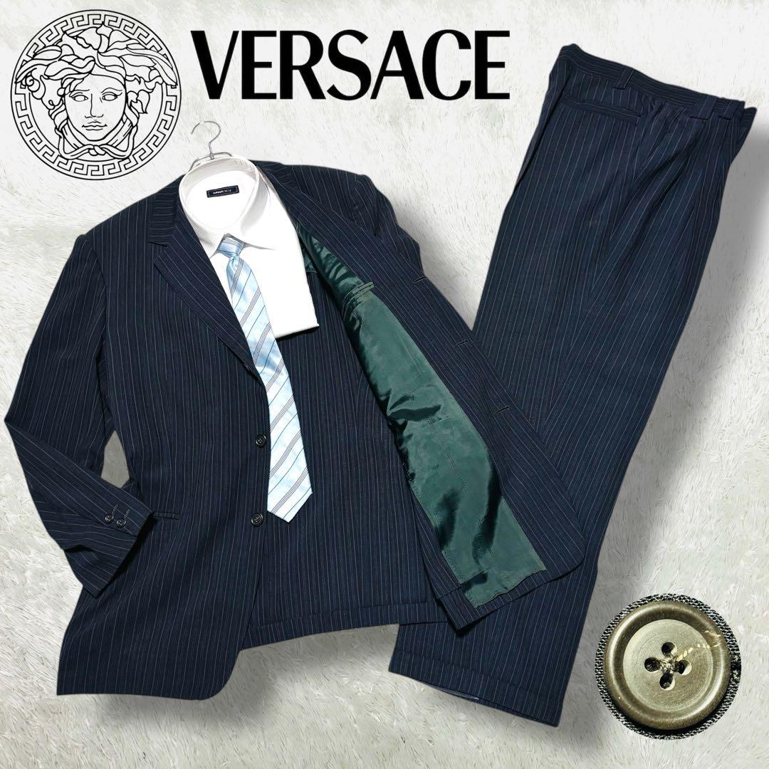希少 VERSACE セットアップ シングル スーツ ネイビー ストライプ XL