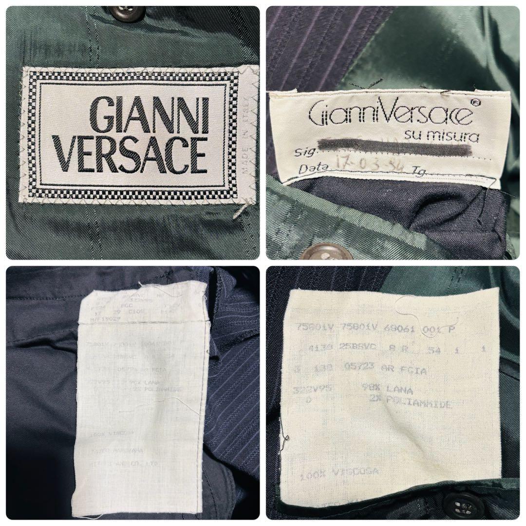 希少 VERSACE セットアップ シングル スーツ ネイビー ストライプ XL