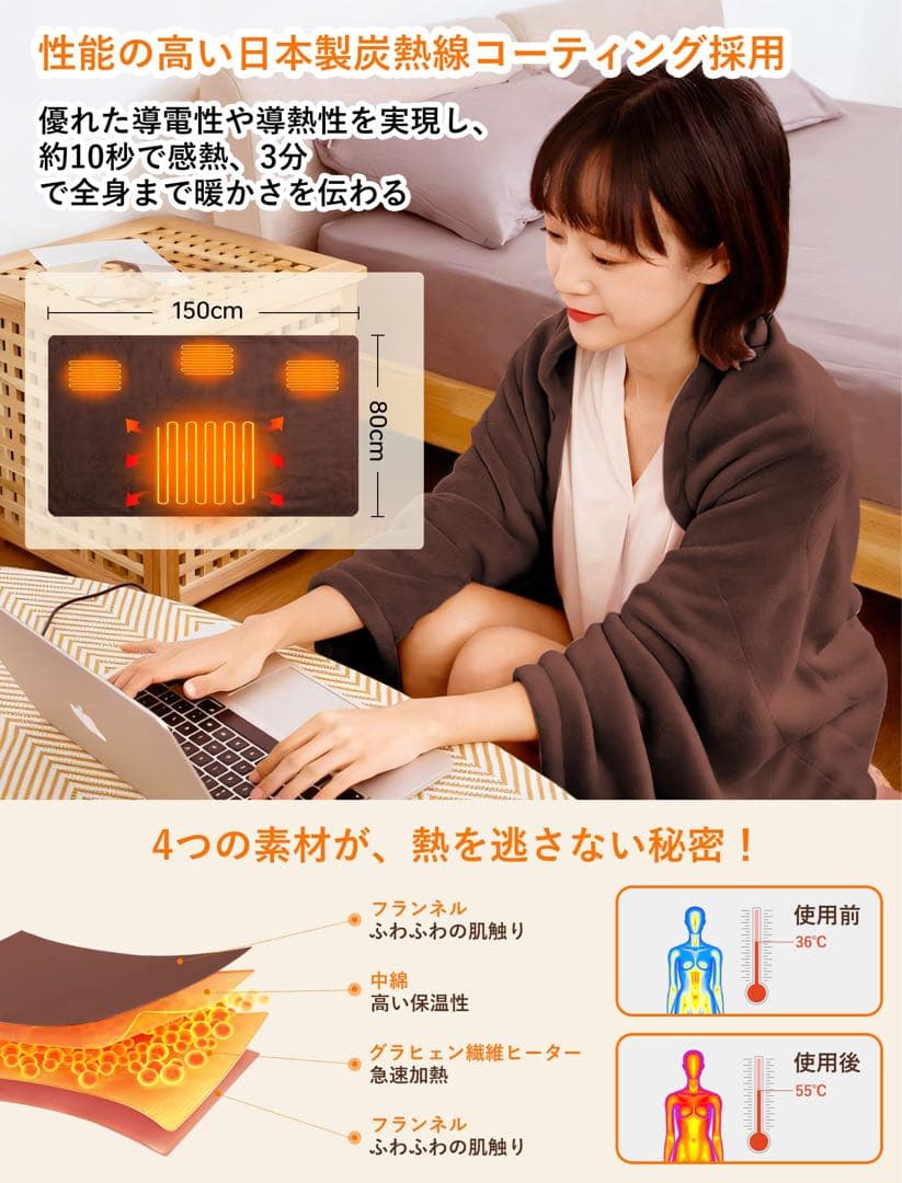 USB式 肩掛け 電気毛布 速暖 電気ひざ掛け ブランケット 150×80cm