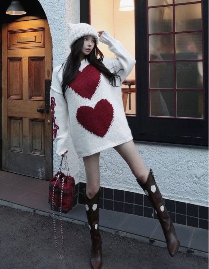 ダーリッチ　ハートロゴローゲージニットチュニック （アイボリー）