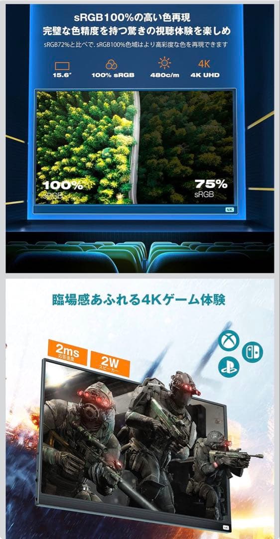 15.6インチ4K IPS 液晶Type-C/mini HDMI モバイルモニタ