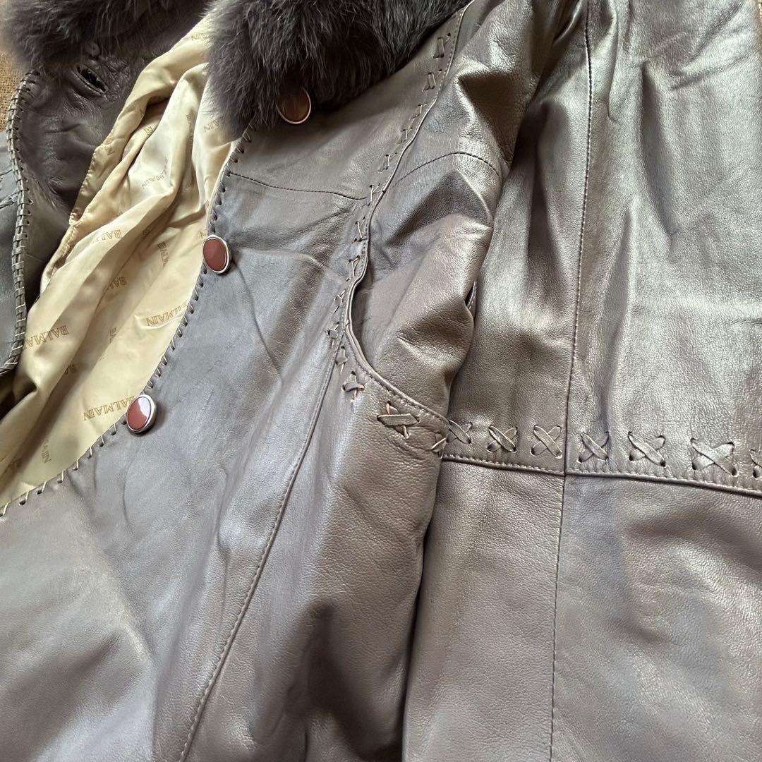 BALMAIN ラムレザー×フォックスファー コート ファー取外し可 グレージュ