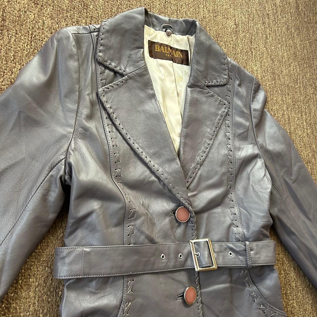 BALMAIN ラムレザー×フォックスファー コート ファー取外し可 グレージュ