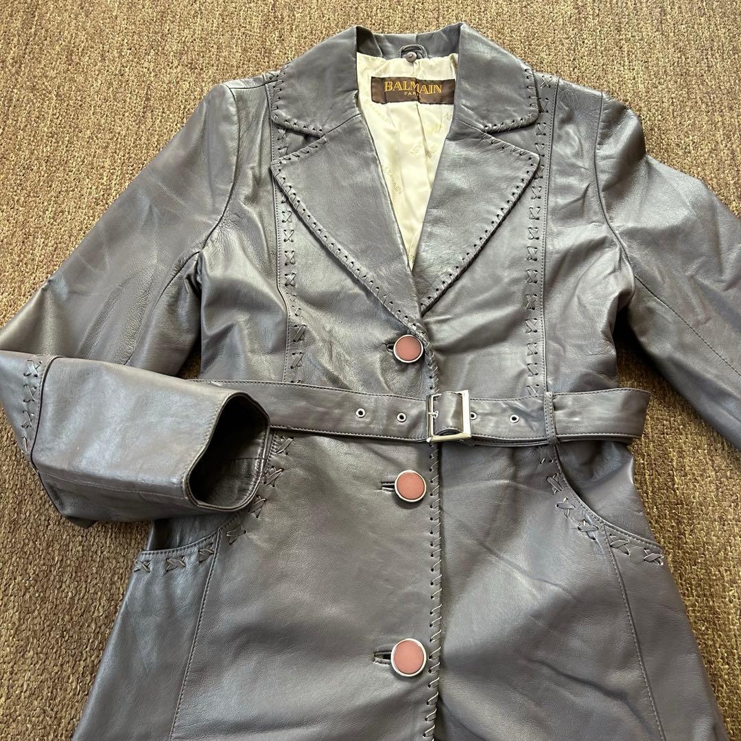 BALMAIN ラムレザー×フォックスファー コート ファー取外し可 グレージュ