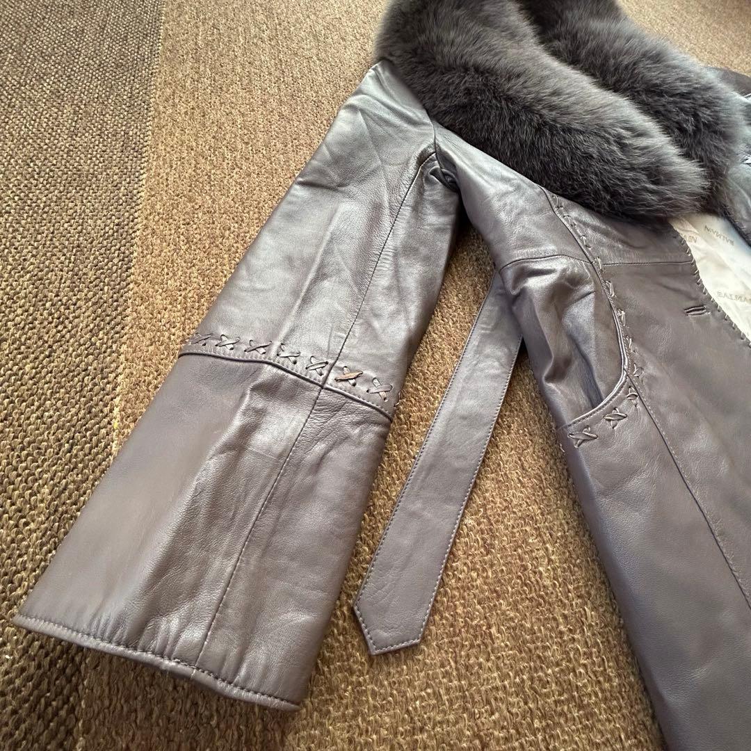 BALMAIN ラムレザー×フォックスファー コート ファー取外し可 グレージュ