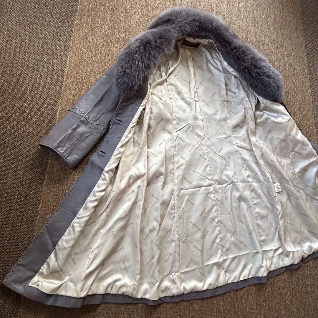 BALMAIN ラムレザー×フォックスファー コート ファー取外し可 グレージュ