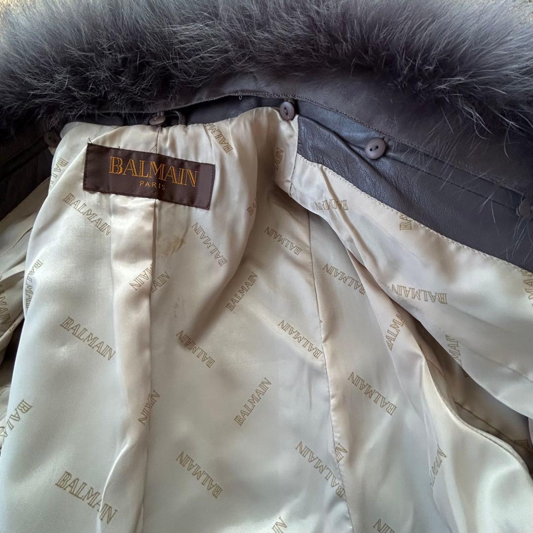 BALMAIN ラムレザー×フォックスファー コート ファー取外し可 グレージュ