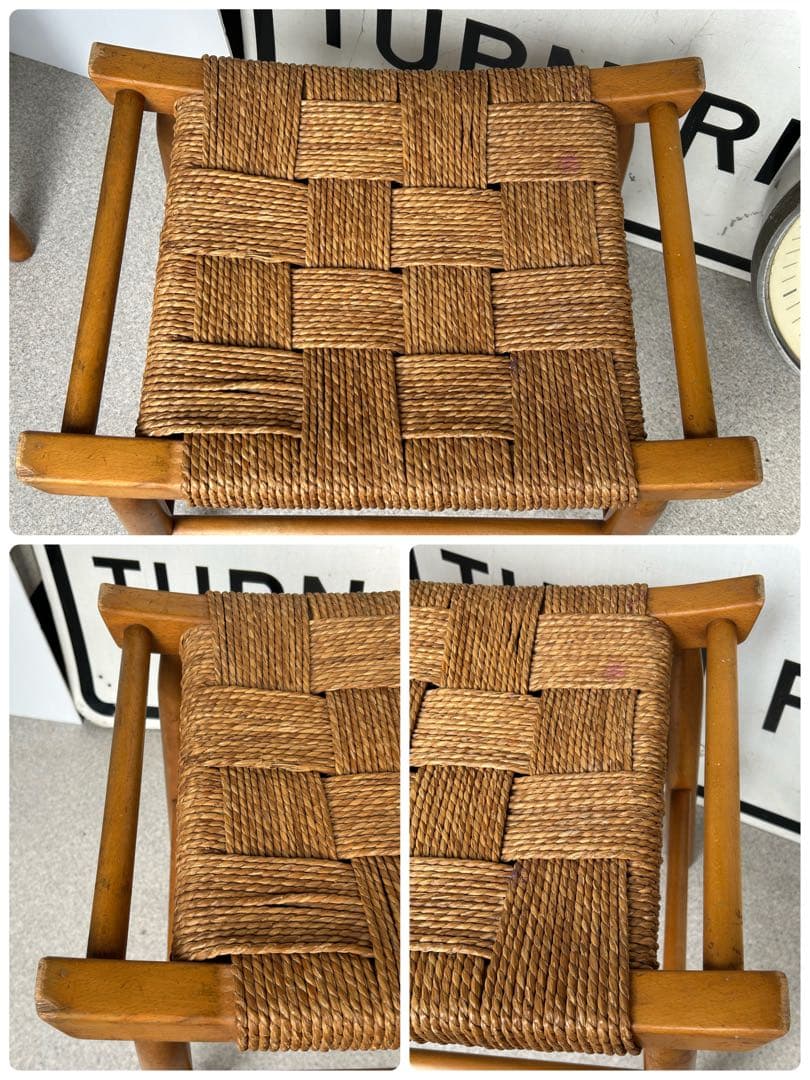 ヴィンテージ　木製スツール　木×ラッシ　編み　椅子　アンティーク　2脚　フット