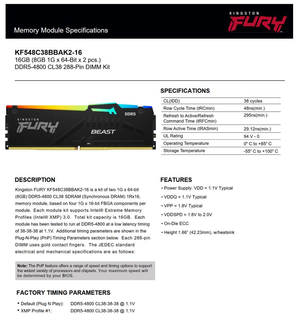 メモリー Kingston Fury 16Gb (8Gb x2) DDR5-4800