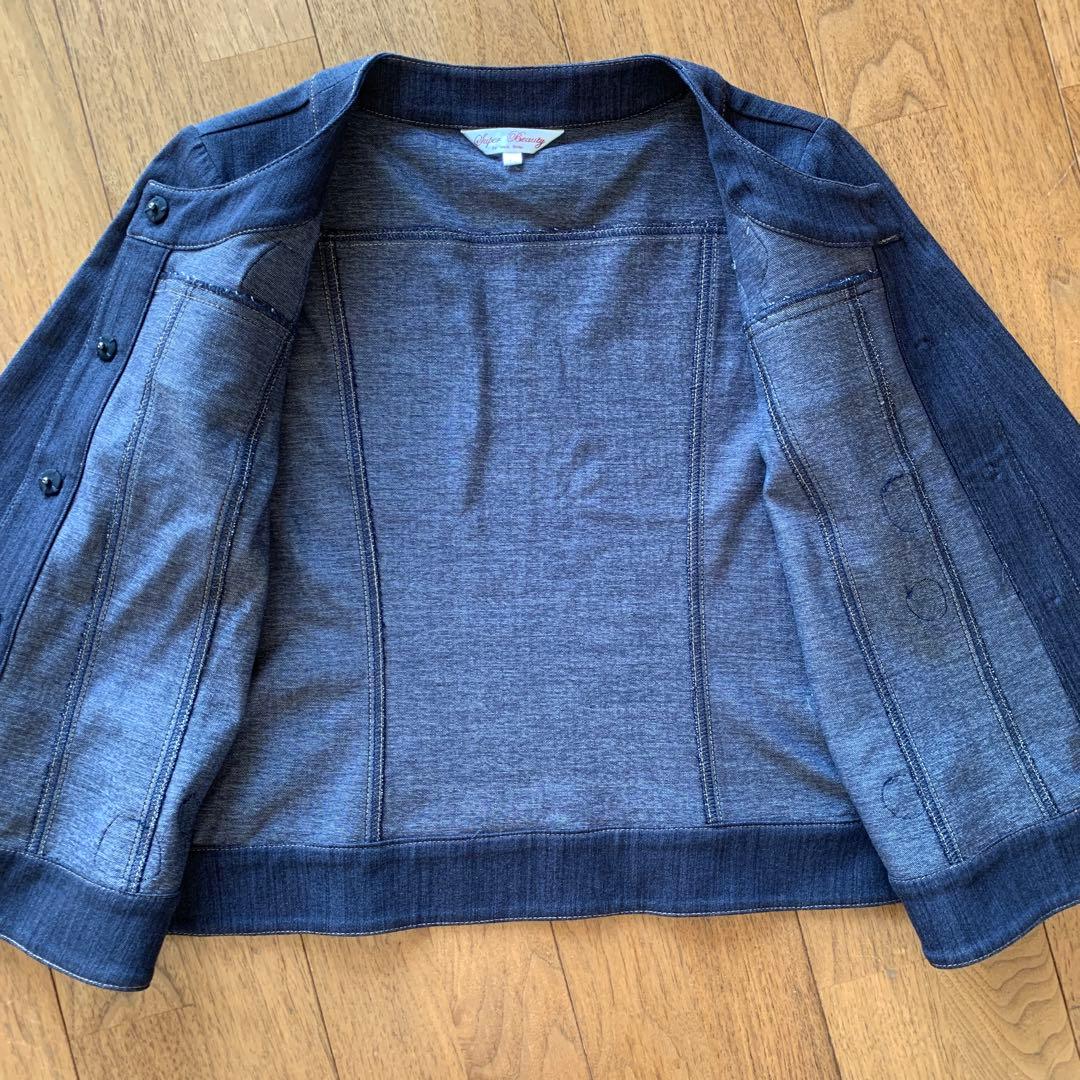 美品✨スーパービューティー デニムジャケット 刺繍 ビジューボタン　ノーカラー