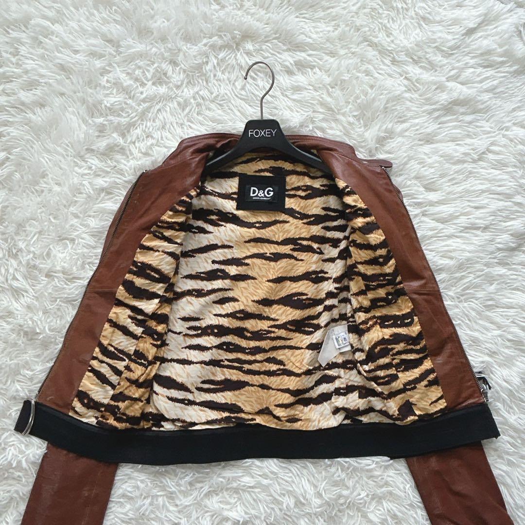 D&G レザージャケット シングルライダース ブラウン レオパード 40