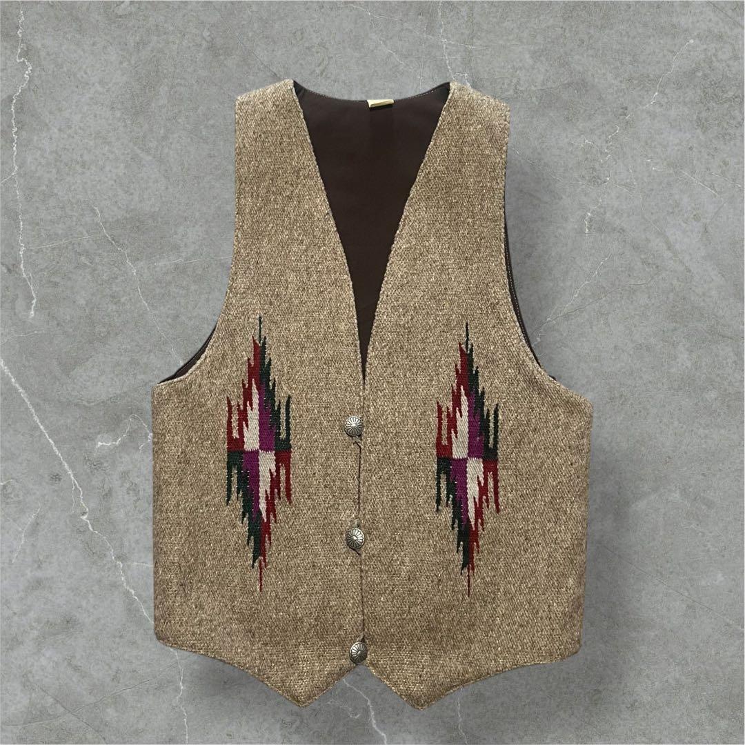 ヴィンテージ ネイティブ柄 ウール100% 手織りコンチョベストメキシコ製古着