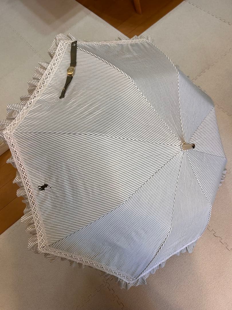 ラルフローレン　カーキ色　レア　ストライプ柄 折りたたみ日傘 フリル付き