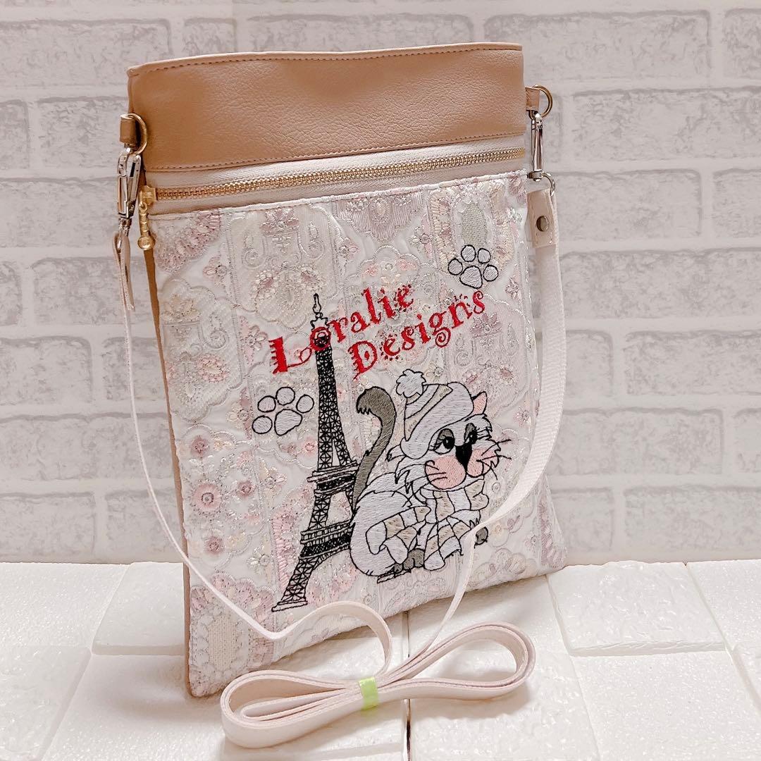 大きめ ポシェット サコッシュ ロラライハリス 刺繍 にゃんこ インド刺繍