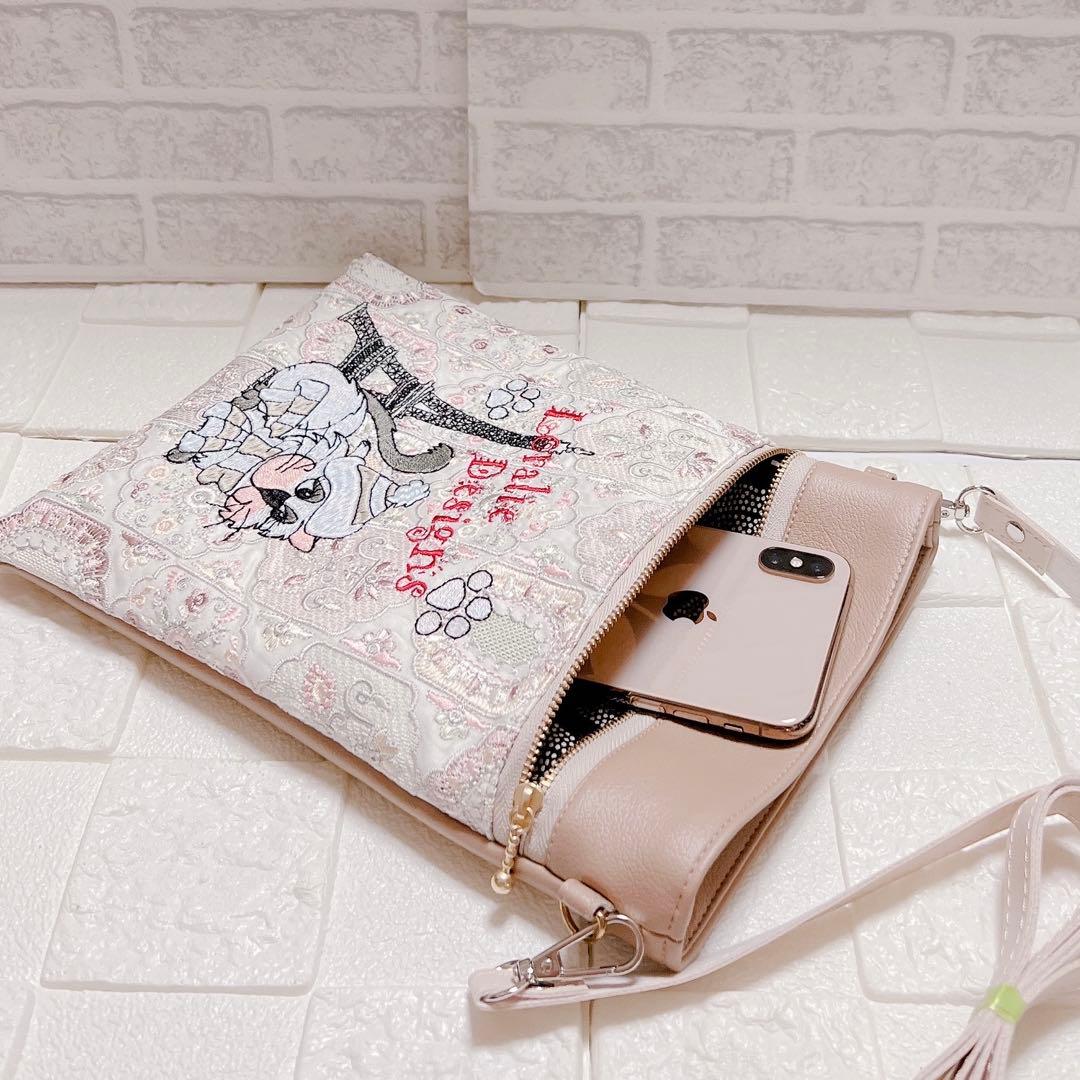 大きめ ポシェット サコッシュ ロラライハリス 刺繍 にゃんこ インド刺繍