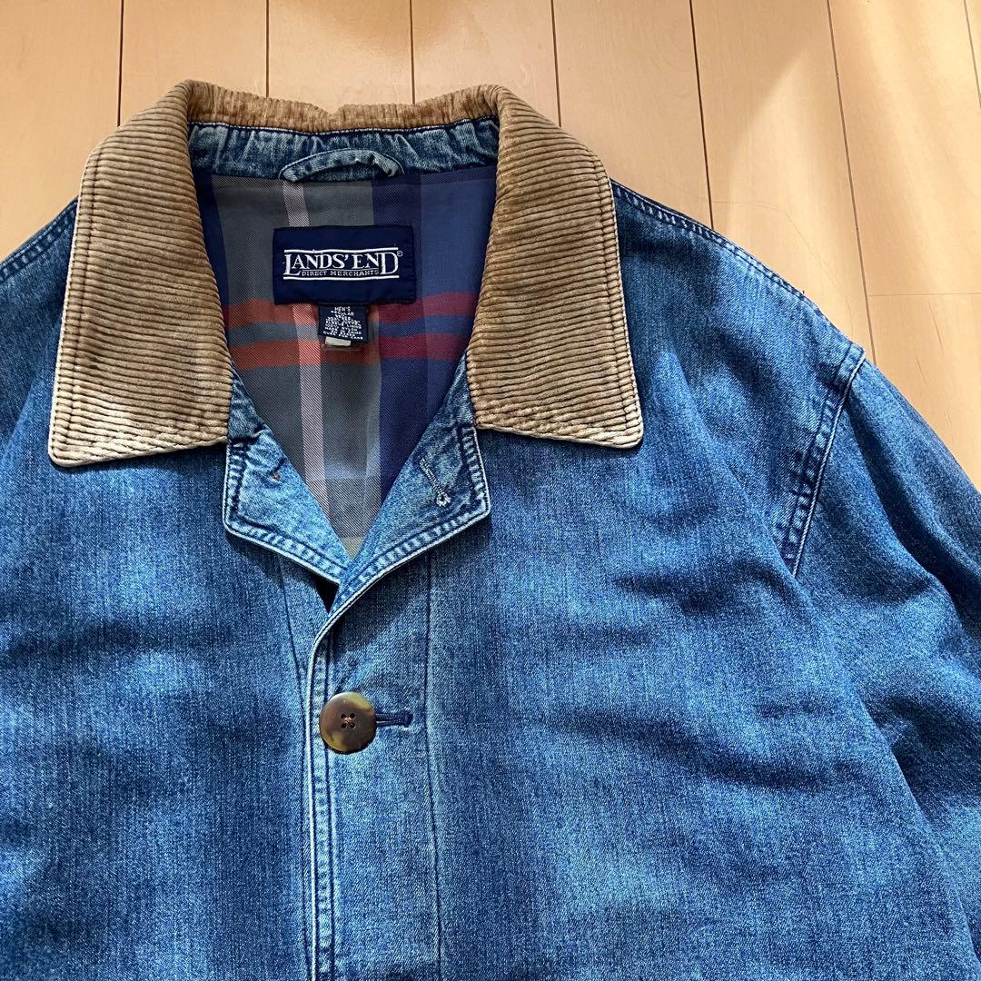 古着 メンズ LANDS'END デニムカバーオール 裏地付き 襟コーデュロイ