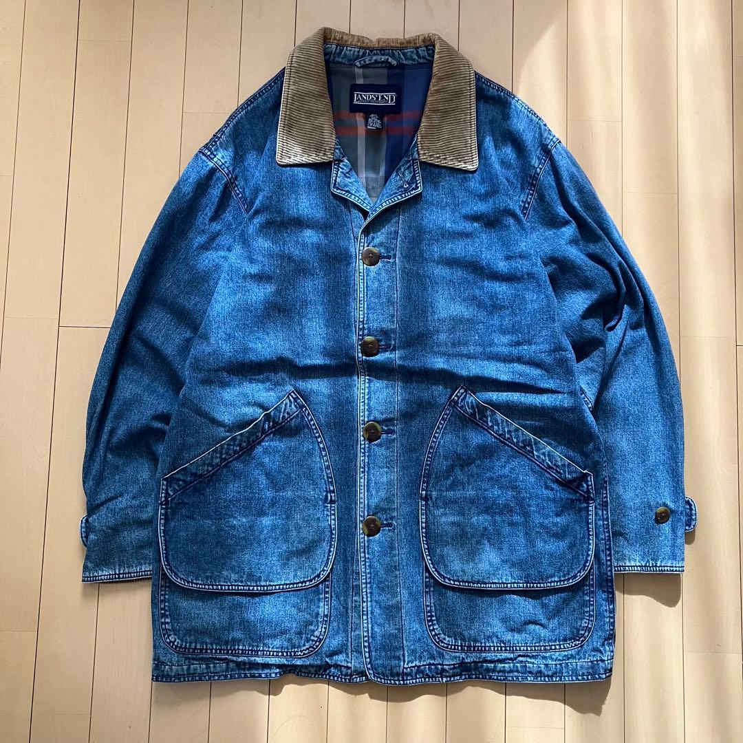 古着 メンズ LANDS'END デニムカバーオール 裏地付き 襟コーデュロイ