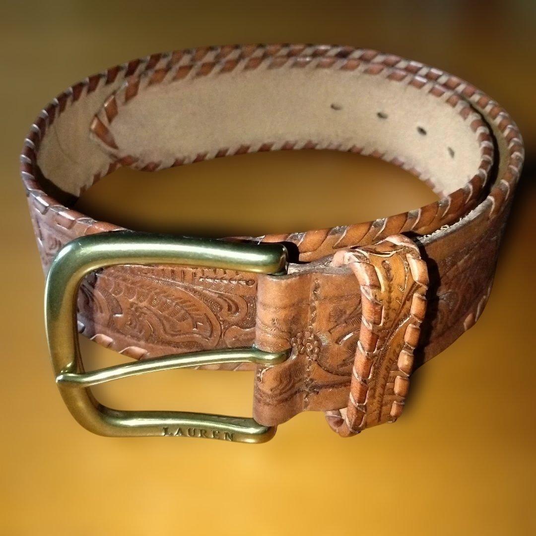 ラルフローレン　ベルト　S　ブラウン　本革　型押し　総柄　幅広　バックル金色