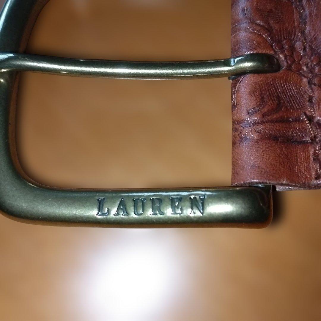 ラルフローレン　ベルト　S　ブラウン　本革　型押し　総柄　幅広　バックル金色