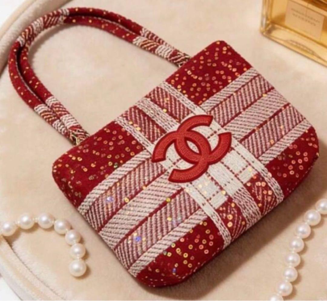 希少 CHANEL ノベルティ トートバッグ 赤 ツイード スパンコール