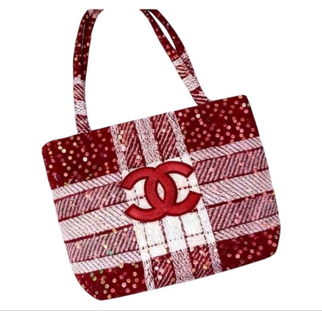 希少 CHANEL ノベルティ トートバッグ 赤 ツイード スパンコール