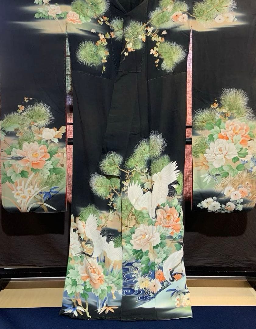 アンティーク振袖花に鶴ヴィンテージ正絹