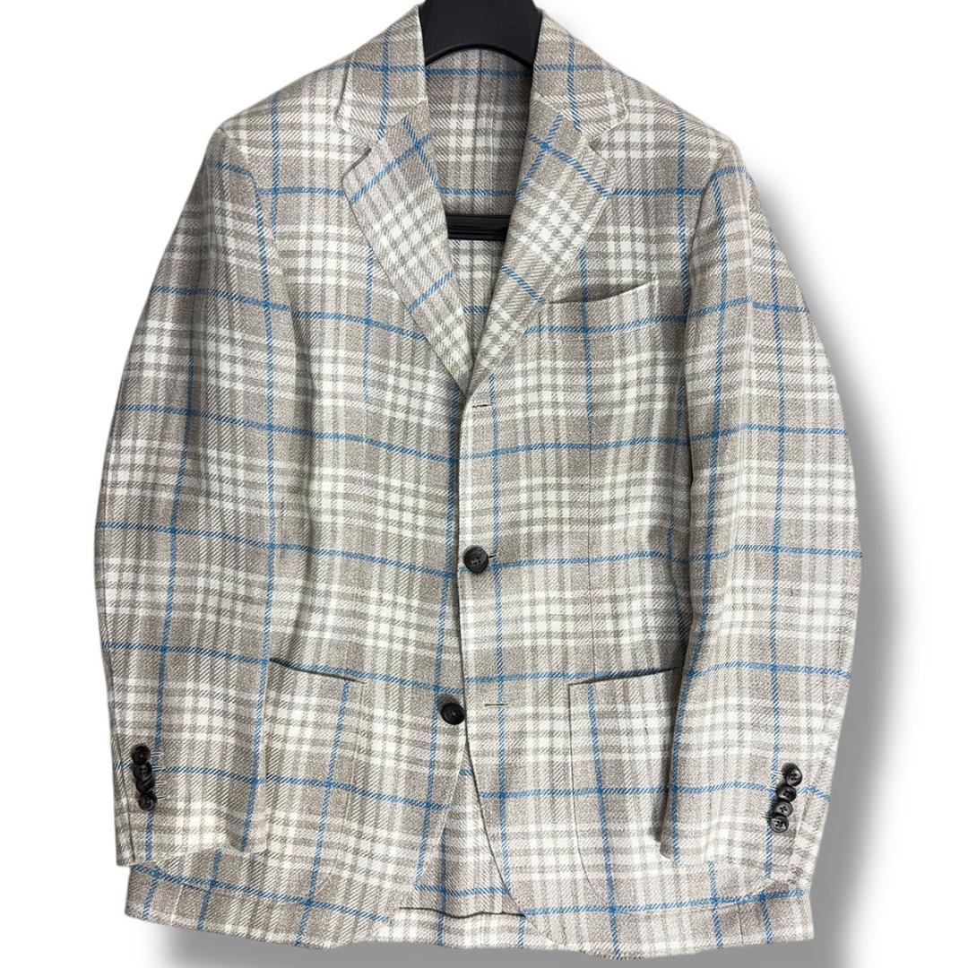 J6274 美品 サルトリオ 近年モデル チェック柄ジャケット ベージュ 46