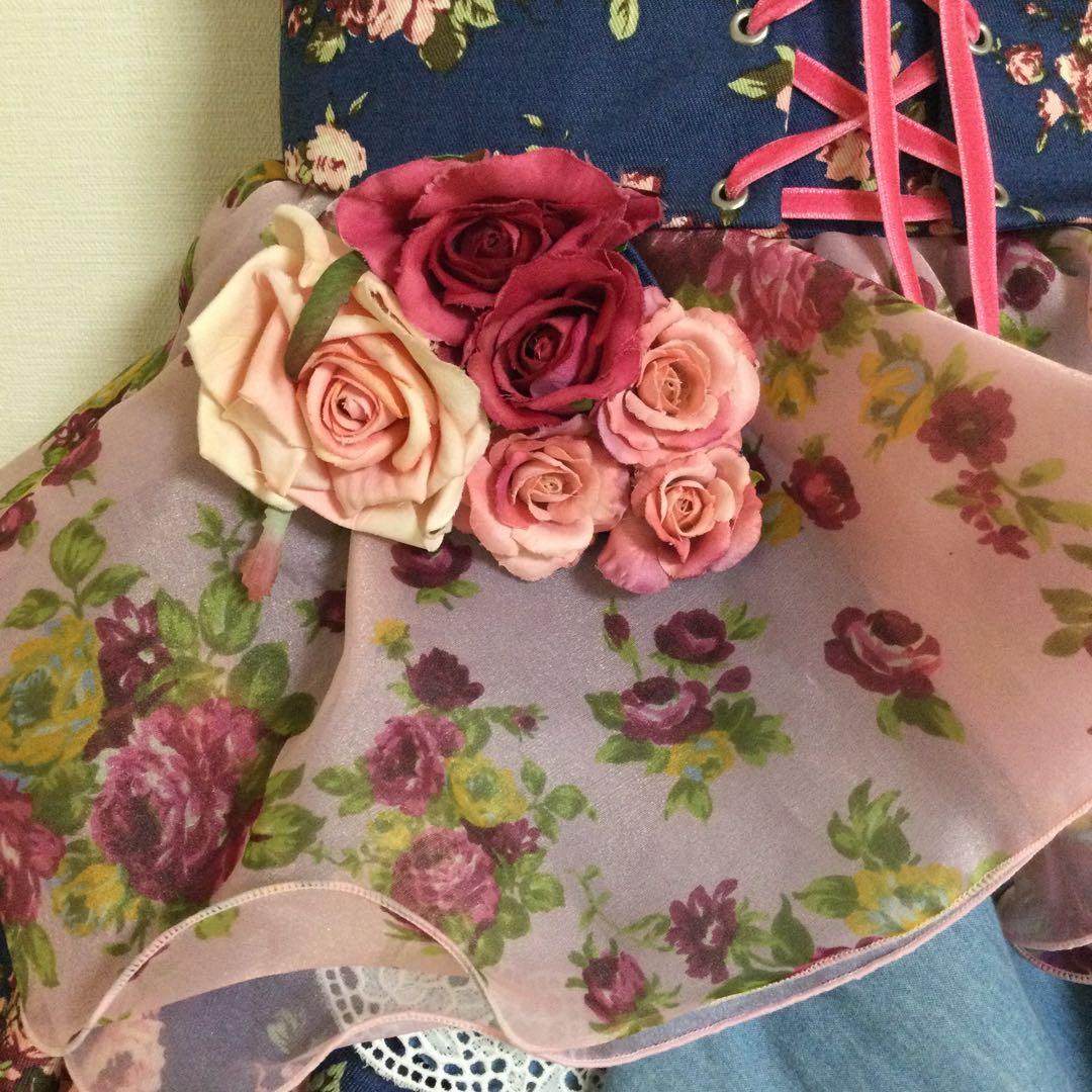 120 SugarKei ドレス　デニム　ピンク　花柄　記念撮影　誕生日　七五三