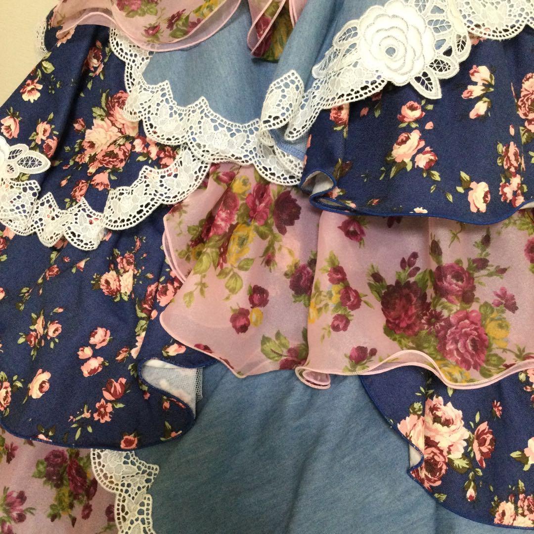 120 SugarKei ドレス　デニム　ピンク　花柄　記念撮影　誕生日　七五三