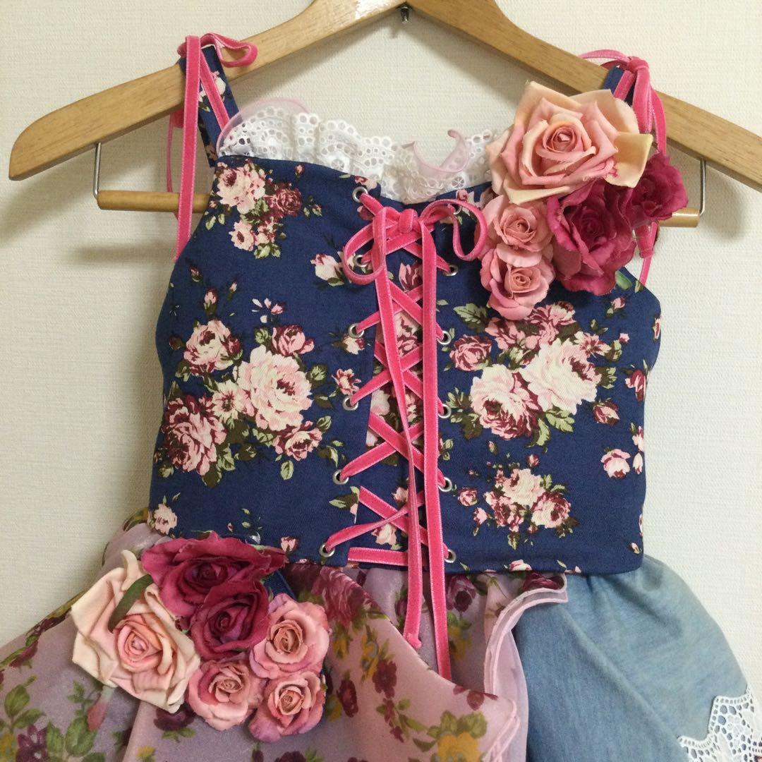 120 SugarKei ドレス　デニム　ピンク　花柄　記念撮影　誕生日　七五三