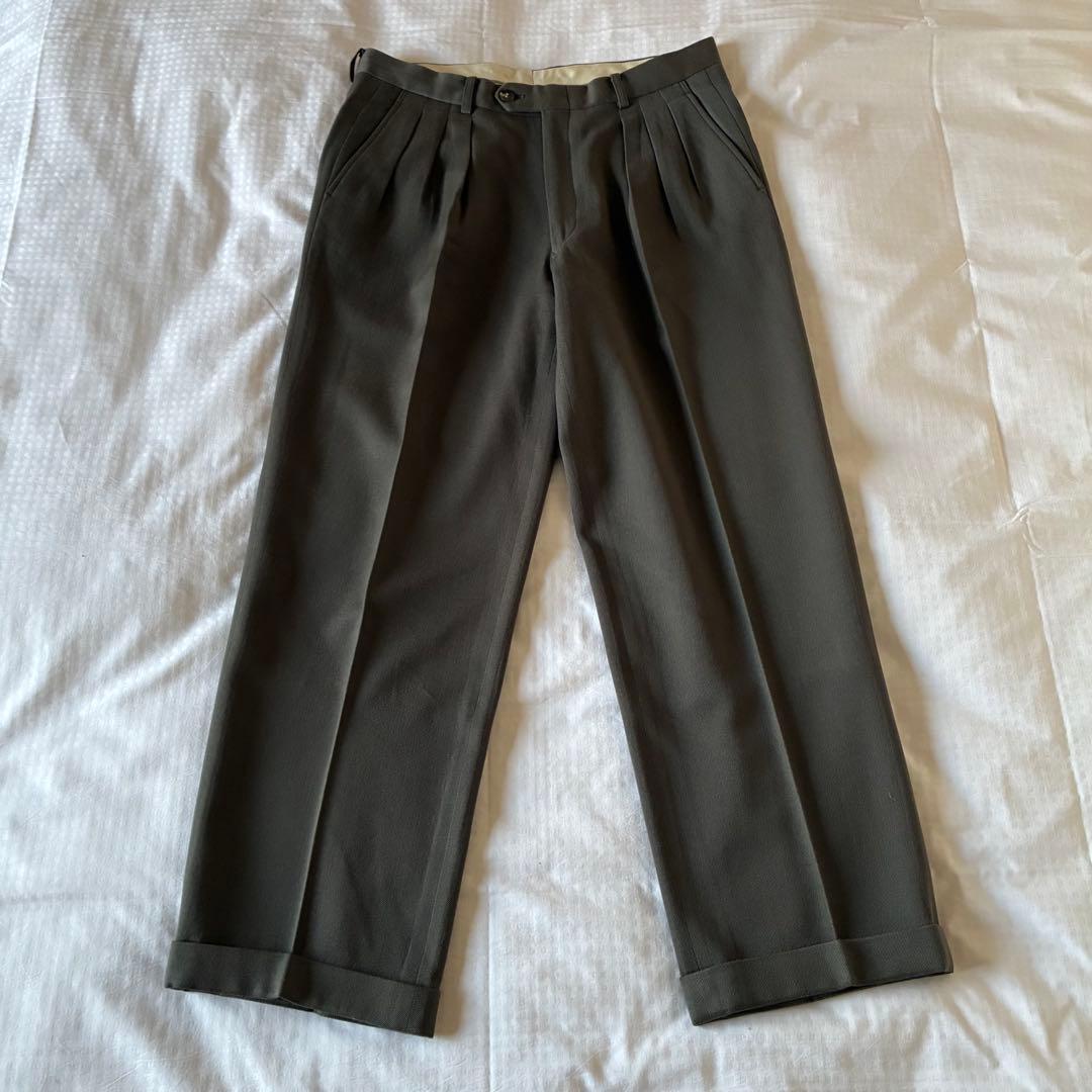 90sビンテージギャバジンウールインプリーツ3タックワイドパンツイタリアミラノ