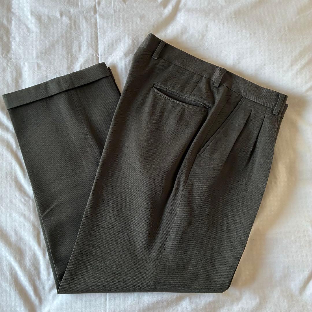 90sビンテージギャバジンウールインプリーツ3タックワイドパンツイタリアミラノ