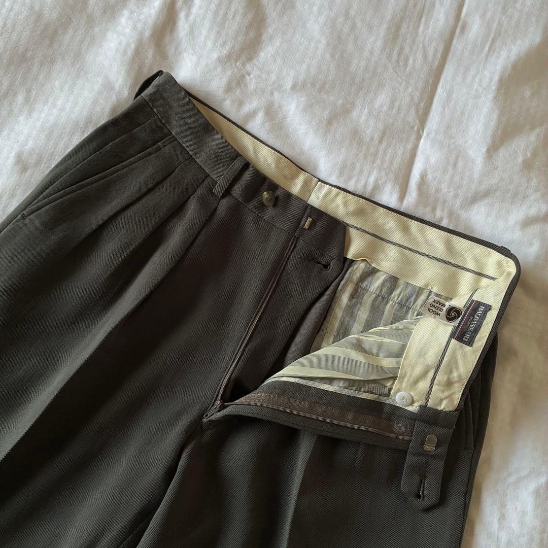 90sビンテージギャバジンウールインプリーツ3タックワイドパンツイタリアミラノ