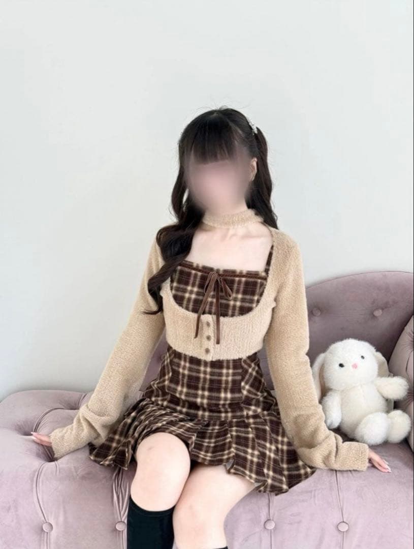 bunnylis ファーボレロ×チェックミニワンピ ブラウン M