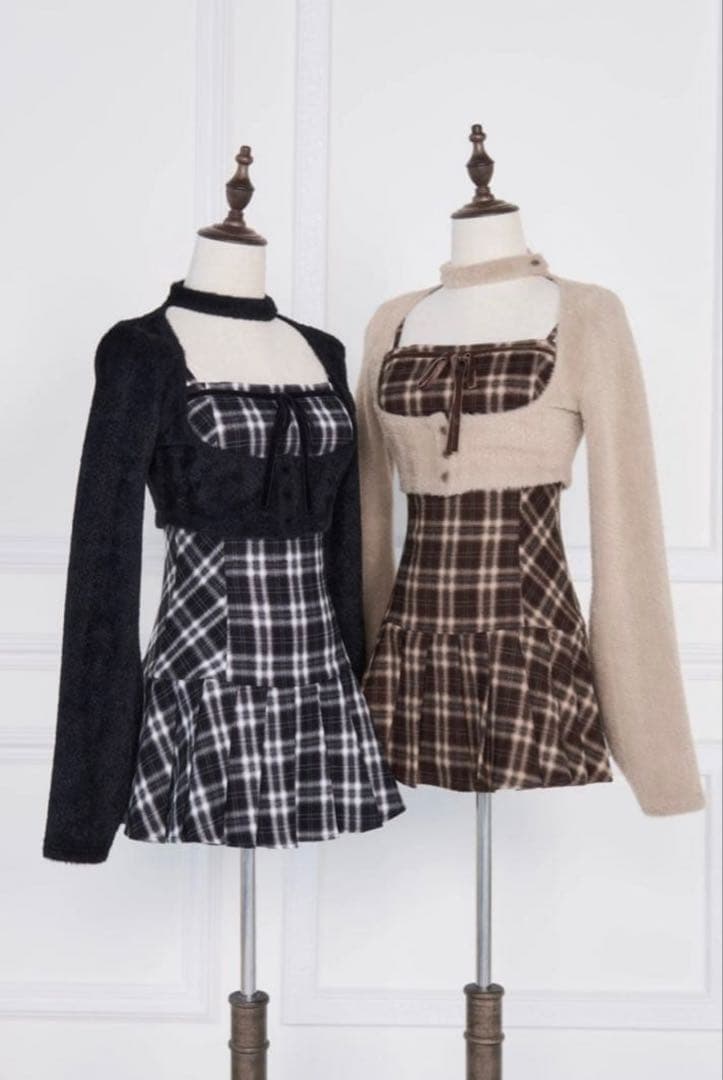 bunnylis ファーボレロ×チェックミニワンピ ブラウン M