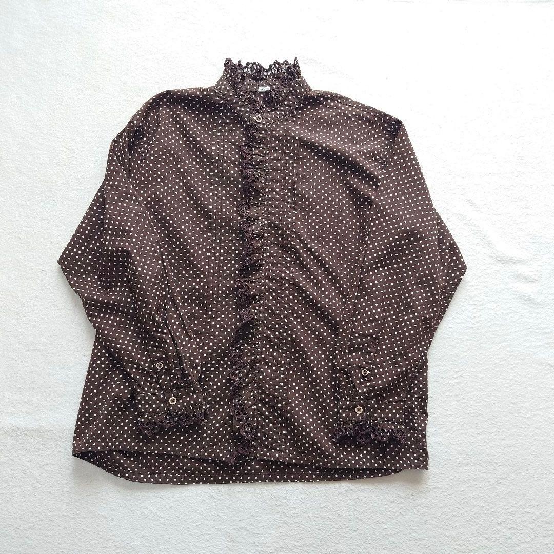 【あたりアリ】45R タペットドットプリントのカットワークフリルブラウス