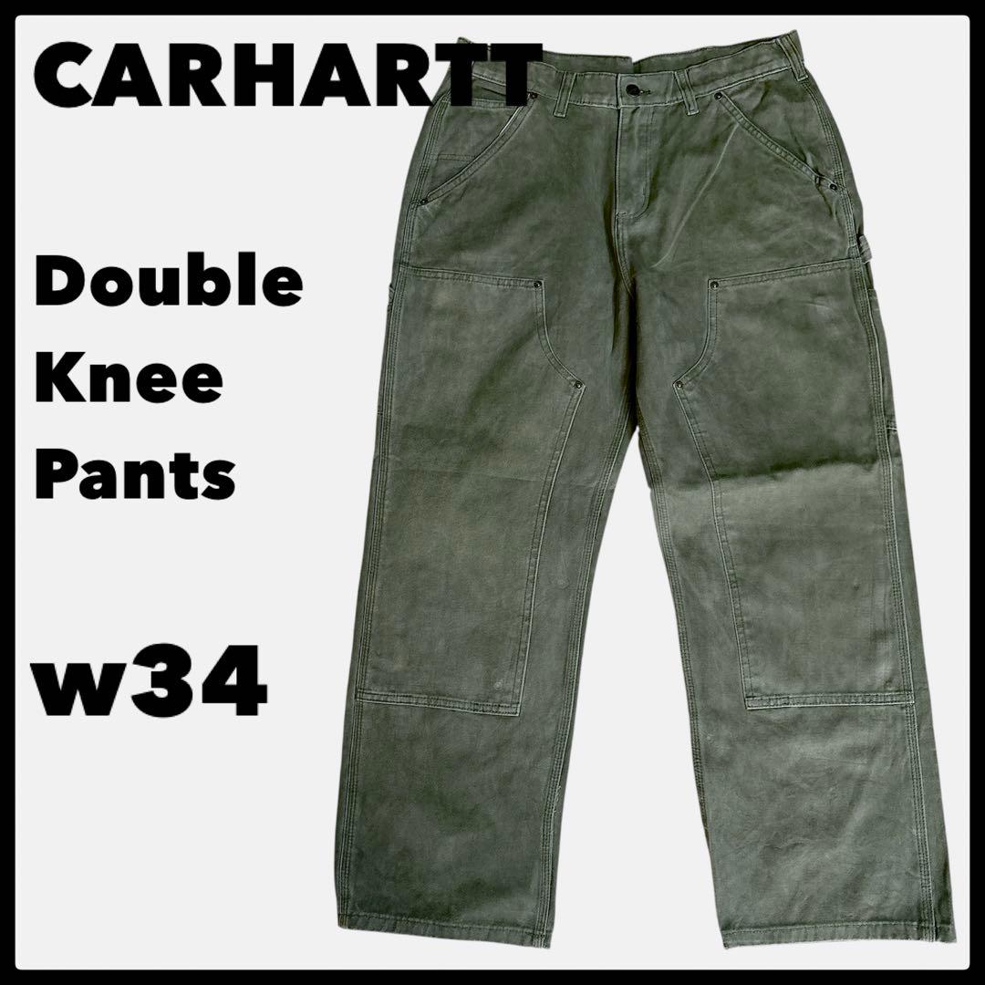 カーハート ワークパンツ w34 オリーブ ロゴ古着 ダブルニー