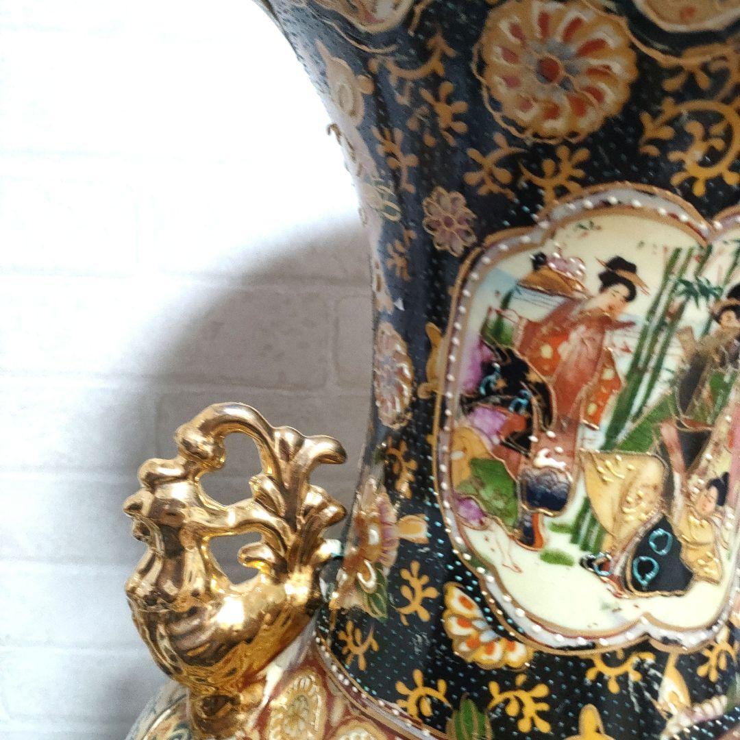 中国美術 大型飾り壺 双耳大花瓶 金彩 美人画 豪華爛漫 60cmサイズ